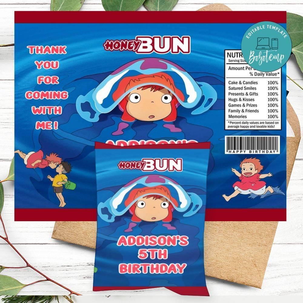 Ponyo Birthday Honey Buns Snack Bag Label Customizable Instant Download