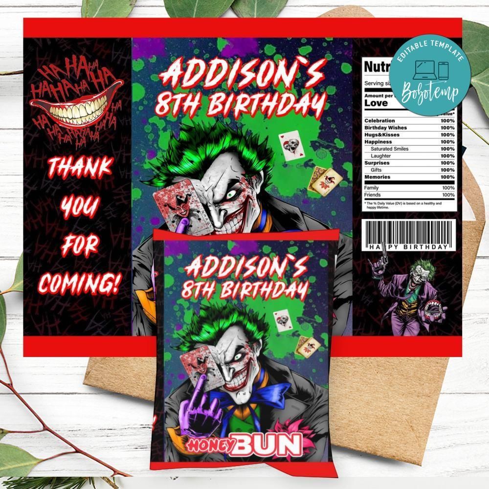 Joker Birthday Honey Buns Snack Bag Label Customizable Instant Download