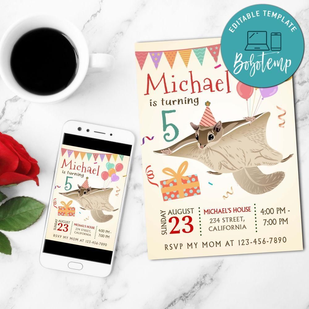 Flying squirrel Birthday Invitation Customizable Template to Print at Home Instant Download