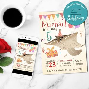 Flying squirrel Birthday Invitation Customizable Template to Print at Home Instant Download