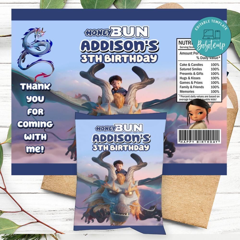 Dragonkeeper Birthday Honey Buns Snack Bag Label Customizable Instant Download