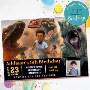 Camp Cretaceous Birthday Invitation with Photo Customizable Template to Print at Home Instant Download