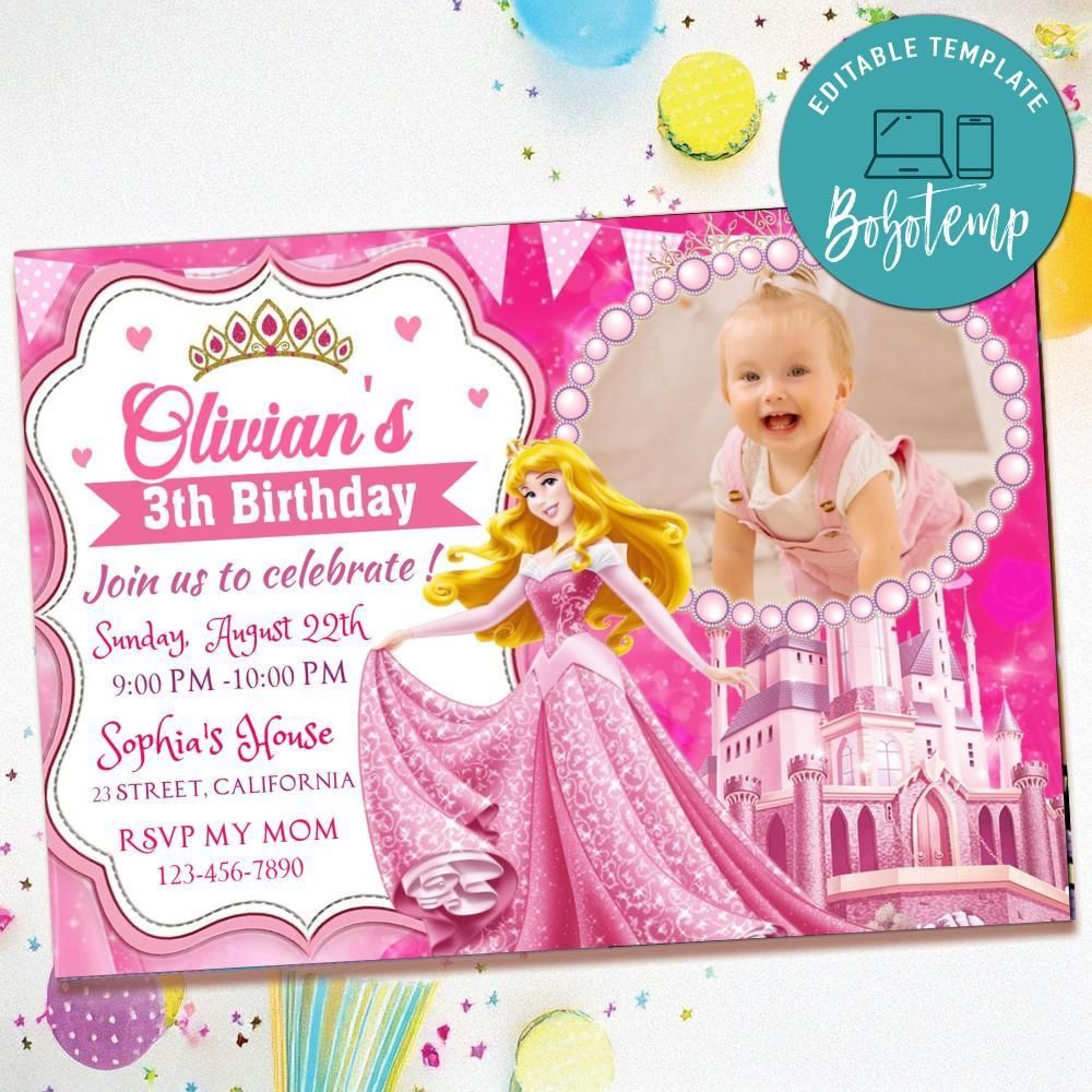 Princess Aurora Birthday Invitation with Photo Customizable Template to Print at Home Instant Download