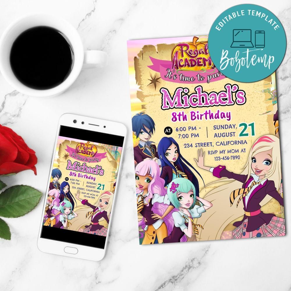 Regal Academy Birthday Mobile Invite Customizable Template Instant Download