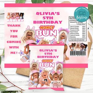 Roblox Girl Birthday Honey Buns Snack Bag Label Customizable Instant Download