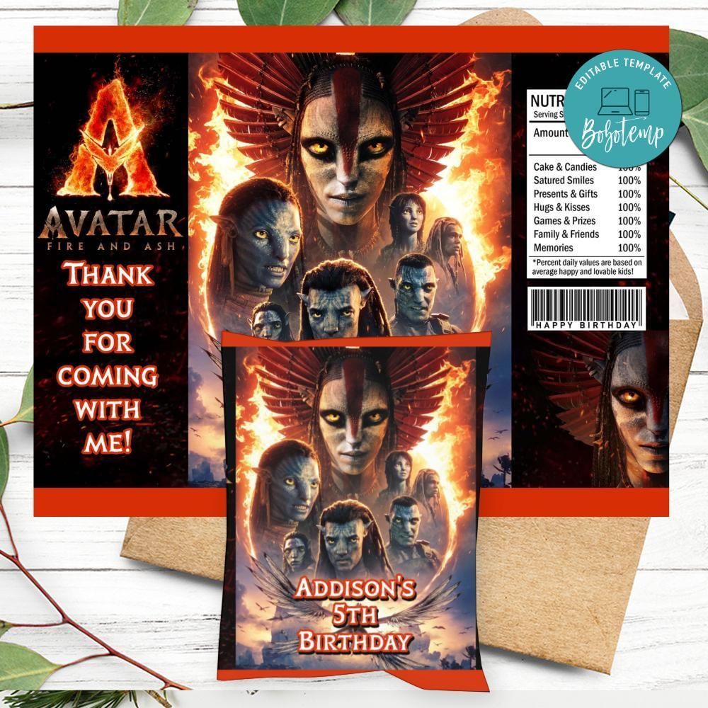 Avatar Fire and Ash Birthday Chip Bag Label Customizable Instant Download