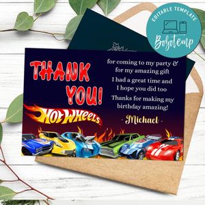 Hot Wheels Thank you card Customizable Template to Print at Home Instant Download