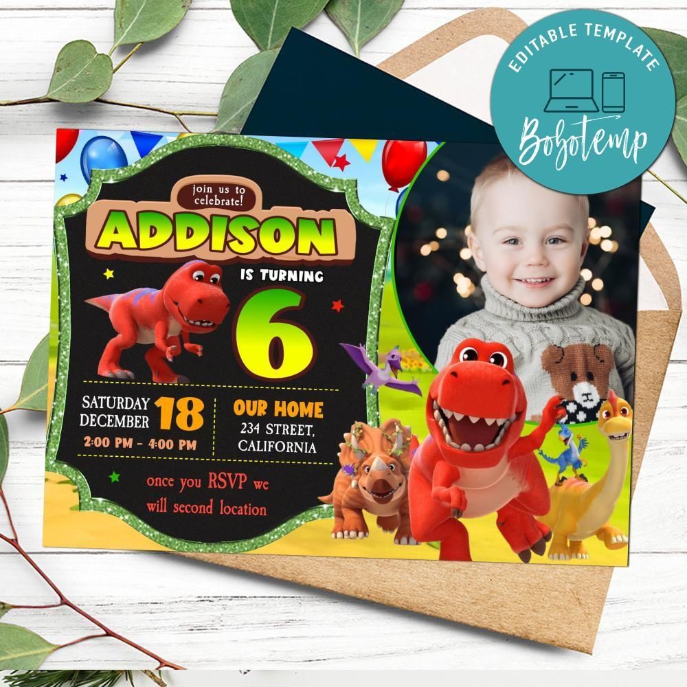 Little Dino School Birthday Invitation with Photo Customizable Template to Print at Home Instant Download