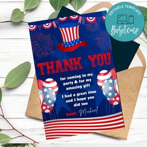 4th Of July Birthday Thank You Card Customizable Template To Print At Home Instant Download