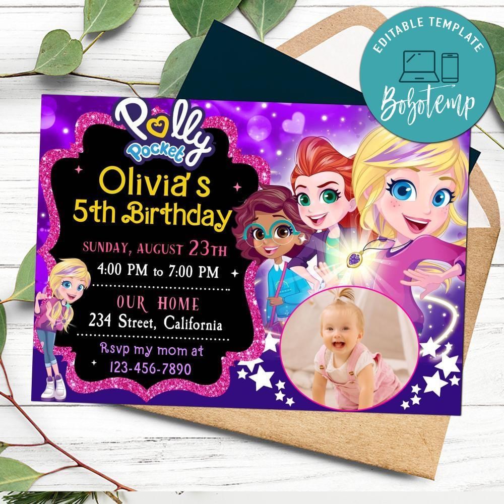 Polly pocket Birthday Invitation with Photo Customizable Template to Print at Home Instant Download