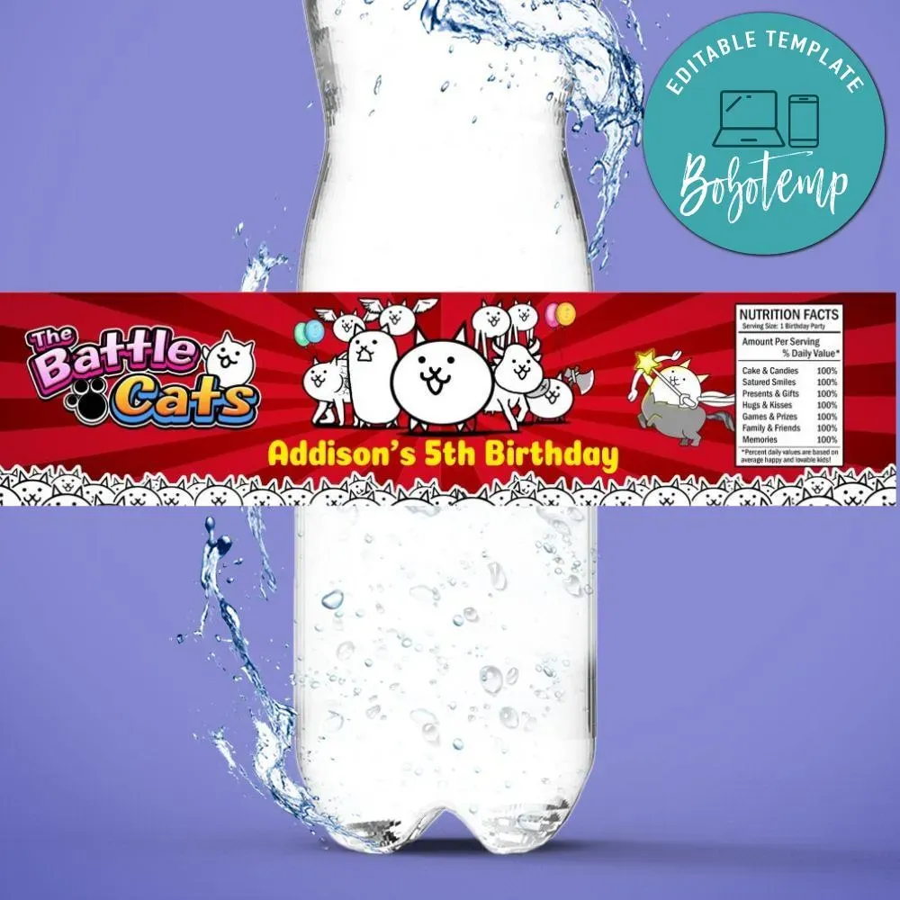 The Battle cats Birthday Water Bottle Label Template | Sportspartydesign