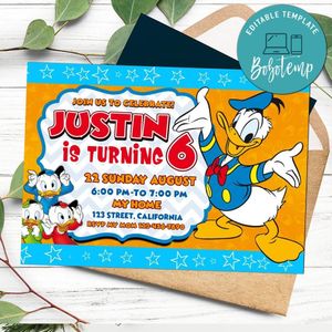 Modern Donald Duck Birthday Flyer Customizable Template to Print at Home Instant Download