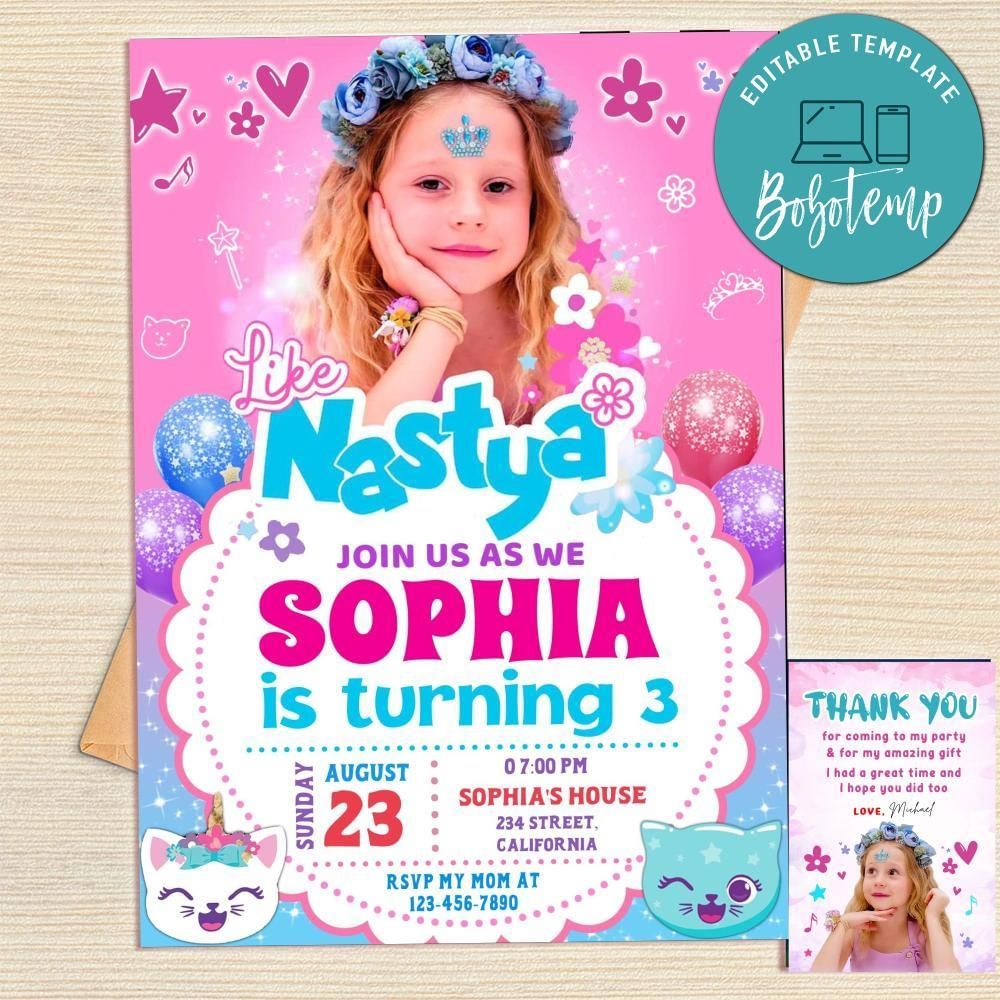 Nastya Invitation Template Free Thank You Card Printable