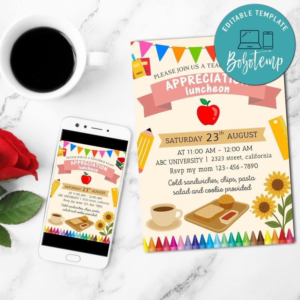 Teacher luncheon Invitation Customizable Template to Print at Home Instant Download