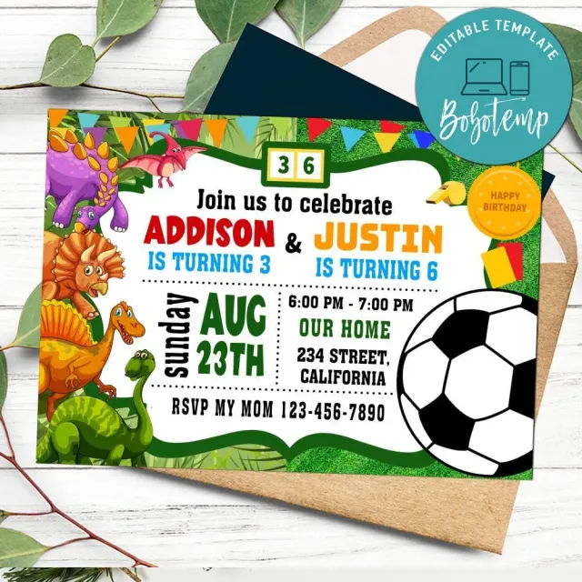 Soccer and dinosaur Birthday Invitation Customizable Template DIY | Bobotemp for Customizable Birthday Invitations Free Printables