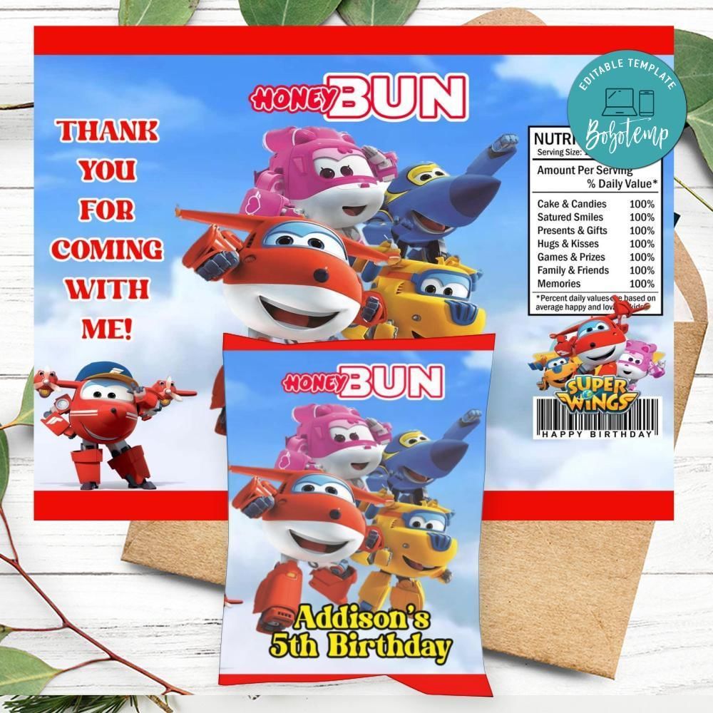 Super Wings Birthday Honey Buns Snack Bag Label Customizable Instant Download