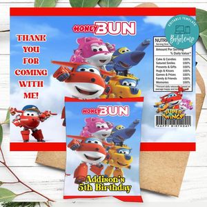 Super Wings Birthday Honey Buns Snack Bag Label Customizable Instant Download