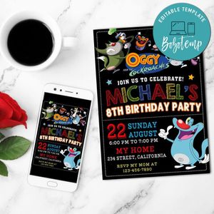 Oggy and the cockroaches Birthday Flyer Customizable Template to Print at Home Instant Download
