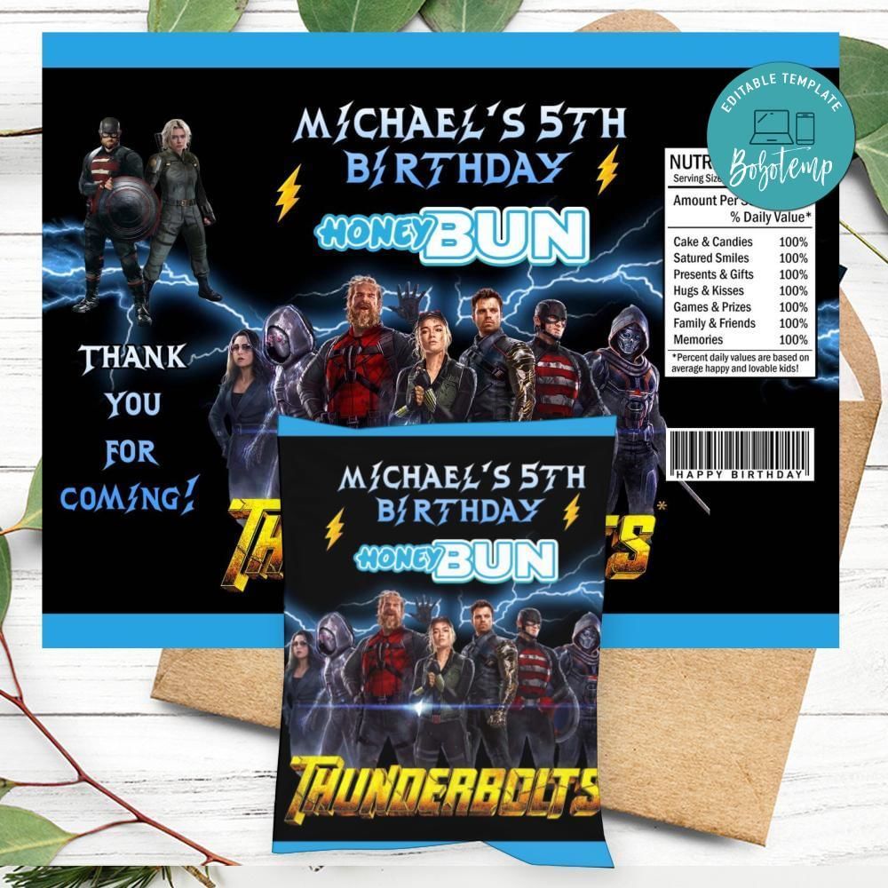 Thunderbolts Birthday Honey Buns Snack Bag Label Customizable Instant Download