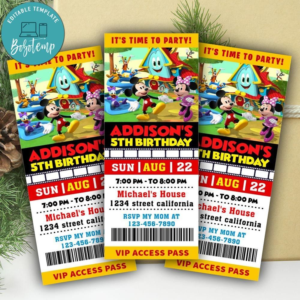 Mickey Mouse Funhouse Ticket Invitation Customizable Template | Bobotemp