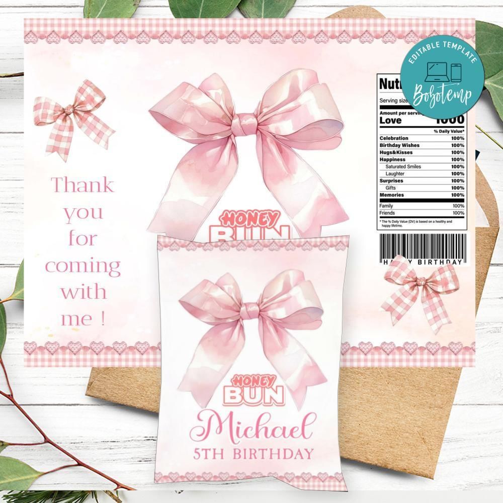Coquette Birthday Honey Buns Snack Bag Label Customizable Instant Download