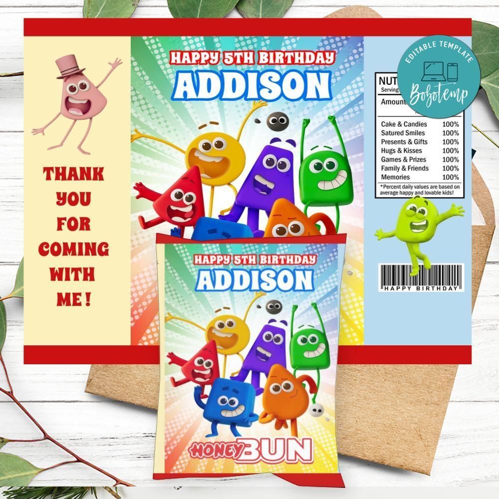 Colourblocks Birthday Honey Buns Snack Bag Label Customizable Instant Download