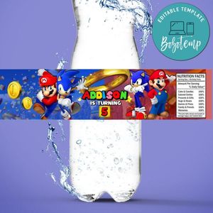 Sonic Mario Birthday Water Bottle Label Template to Print at Home Instant Download