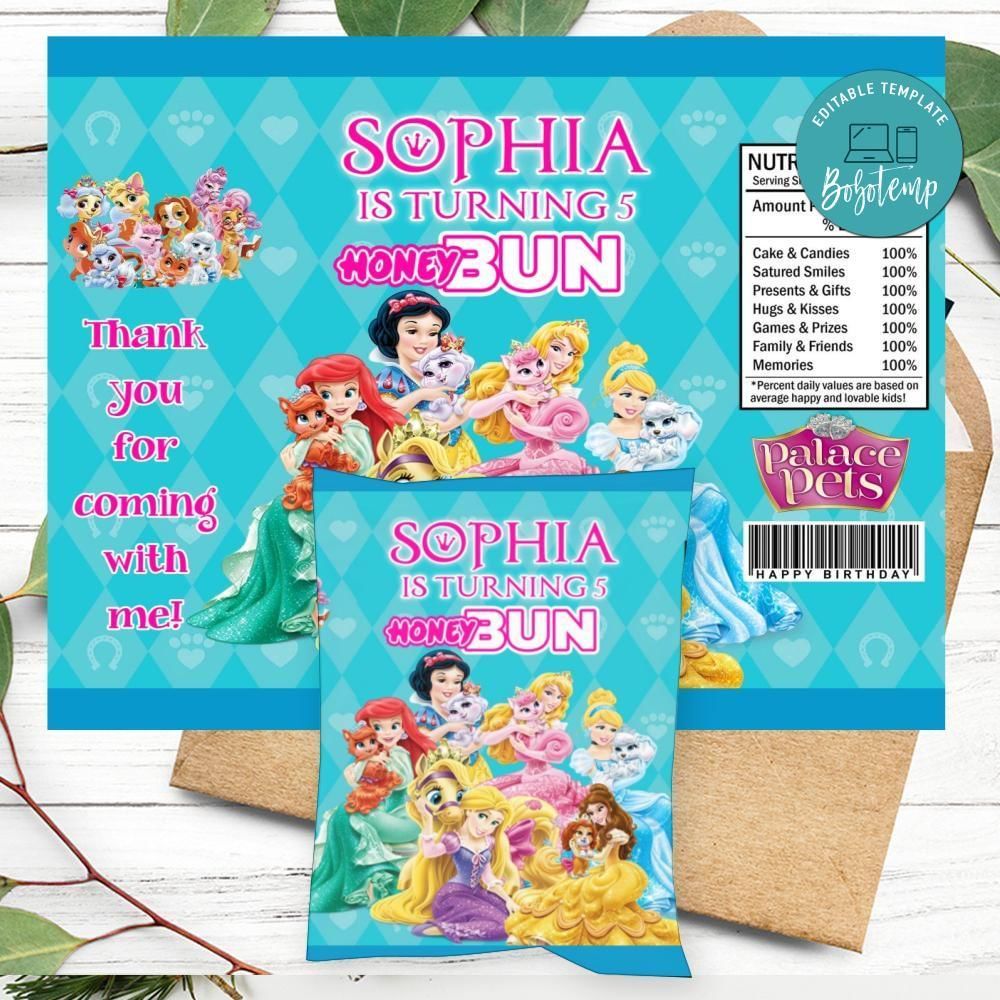 Princess Palace Pets Birthday Honey Buns Snack Bag Label Customizable Instant Download