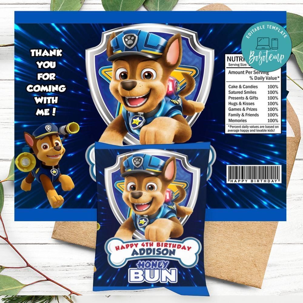Chase Paw Patrol Birthday Honey Buns Snack Bag Label Customizable Instant Download