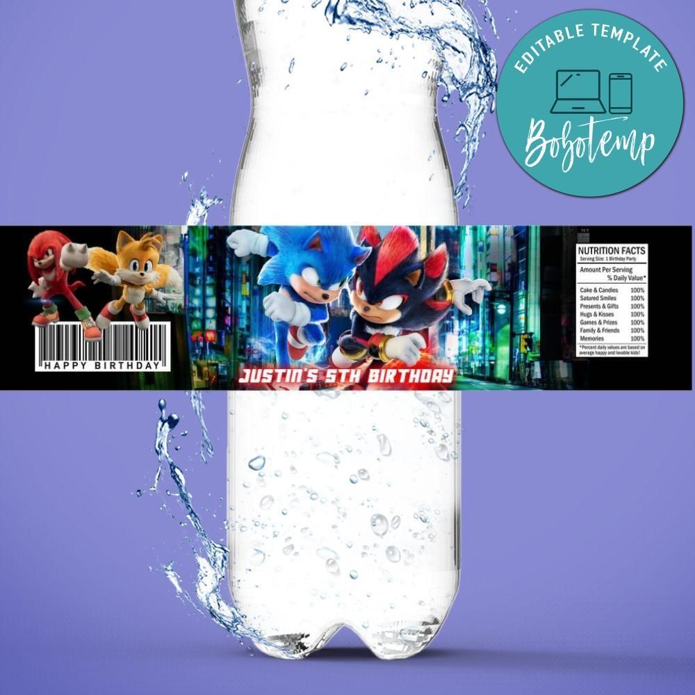 Sonic 3 Bottle Label Birthday Water Bottle Label Template to Print at Home Instant Download