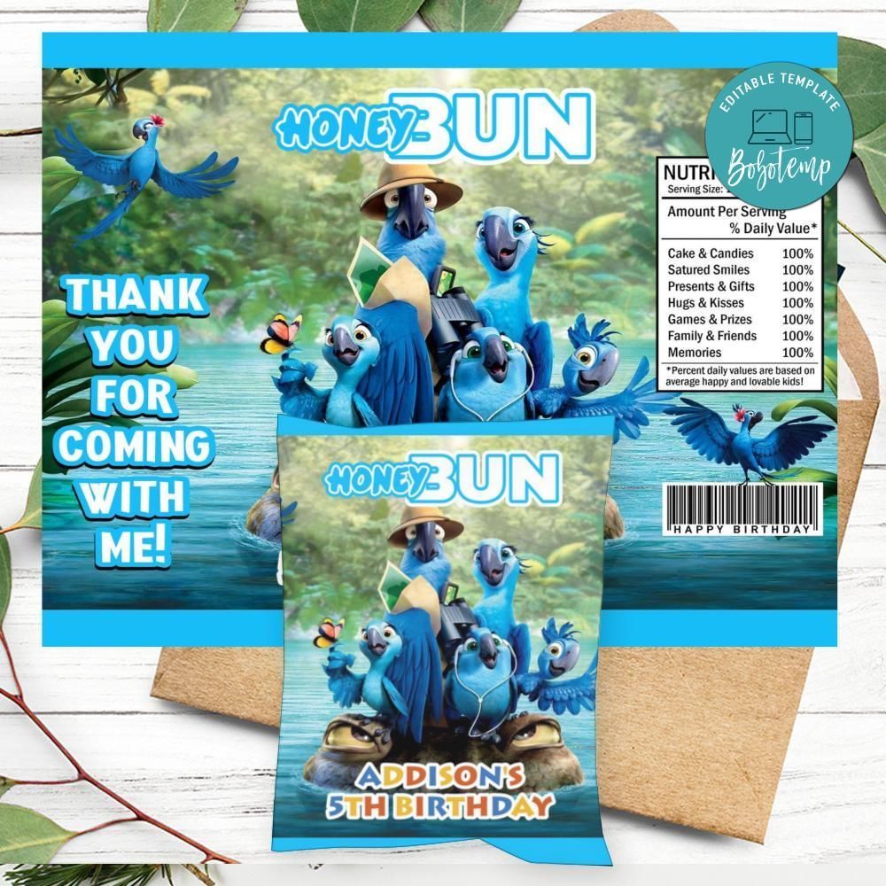 Rio Birthday Honey Buns Snack Bag Label Customizable Instant Download