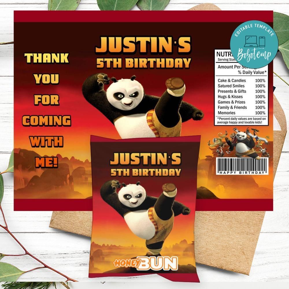 Kung Fu Panda Birthday Honey Buns Snack Bag Label Customizable Instant Download