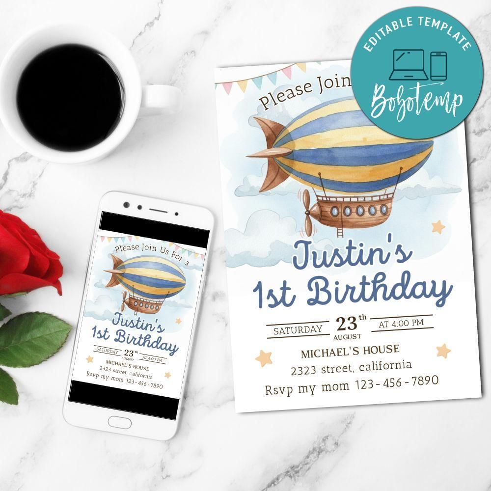 Blimp Invitation Customizable Template to Print at Home Instant Download