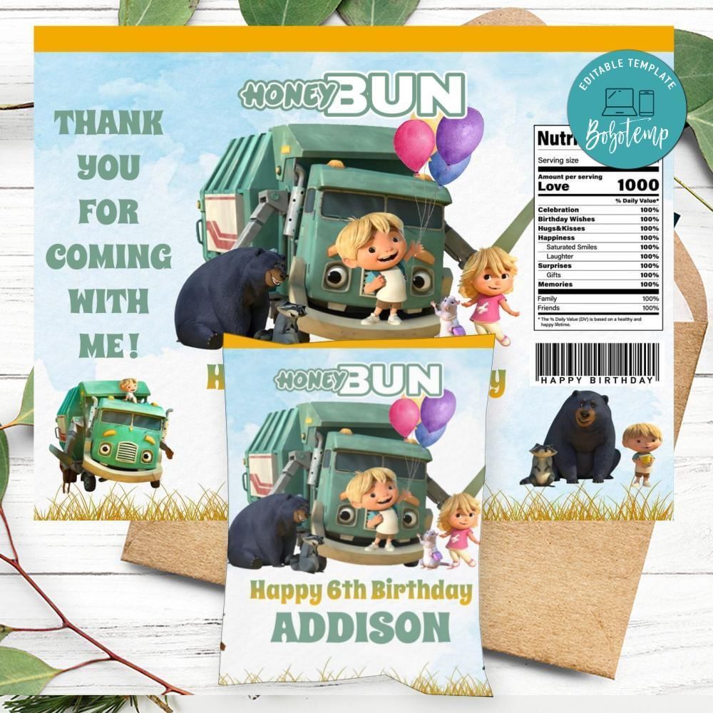 Trash Truck Birthday Honey Buns Snack Bag Label Customizable Instant Download
