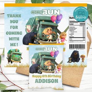 Trash Truck Birthday Honey Buns Snack Bag Label Customizable Instant Download