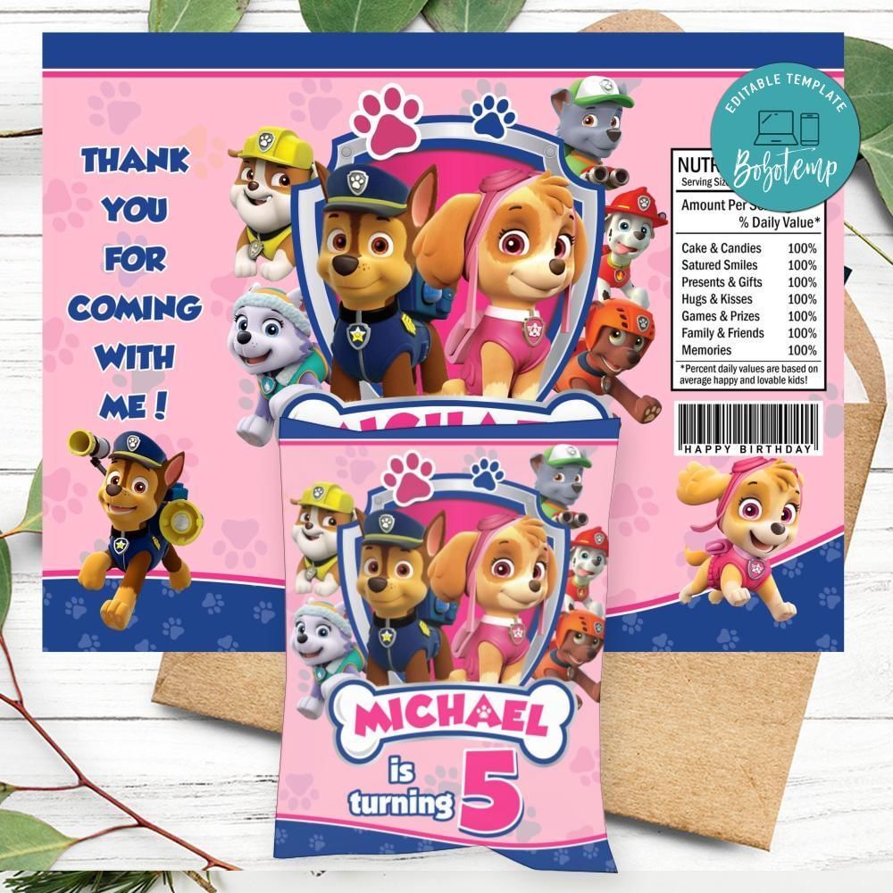 Girl Paw Patrol Birthday Chip Bag Label Customizable Instant Download