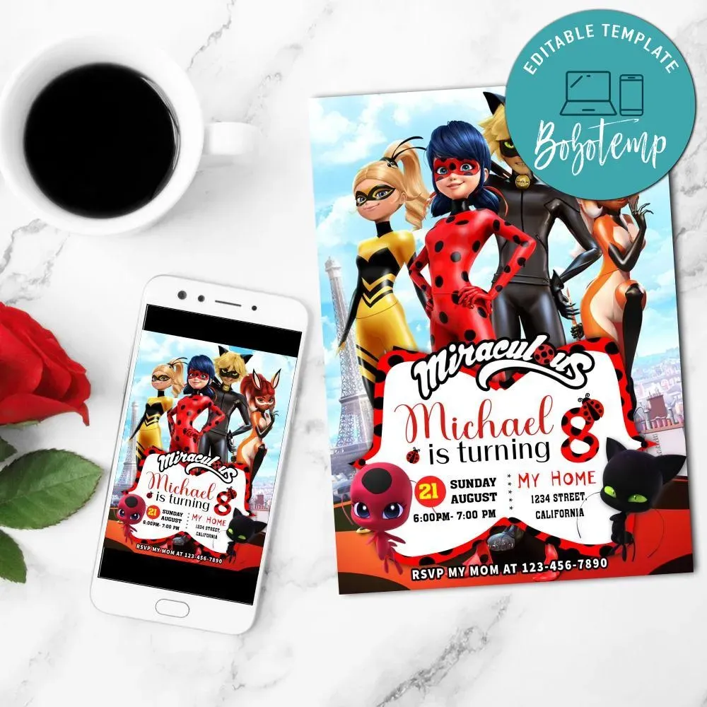 Miraculous Ladybug Digital Invitation Customizable Template DIY | Bobotemp