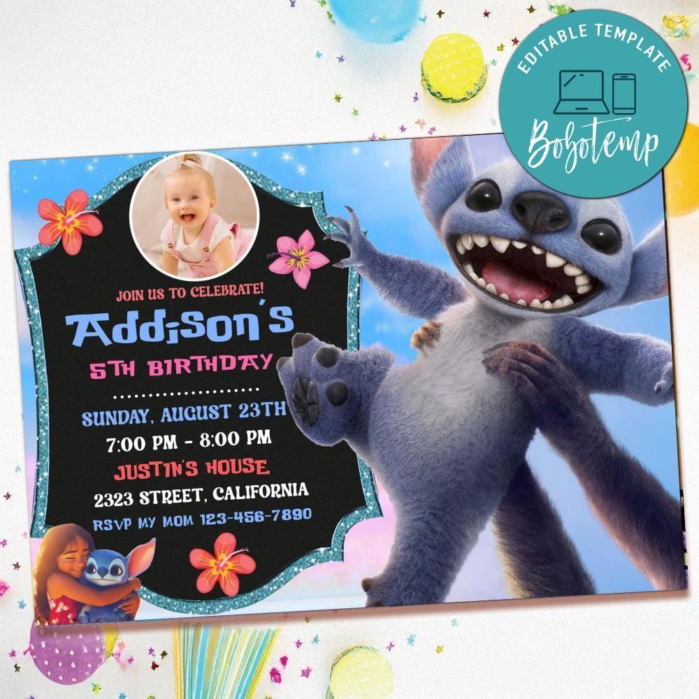 Lilo and stitch 2025 Birthday Invitation with Photo Customizable Template to Print at Home Instant Download