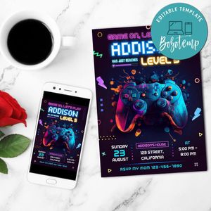 Gaming Birthday Mobile Invite Customizable Template Instant Download