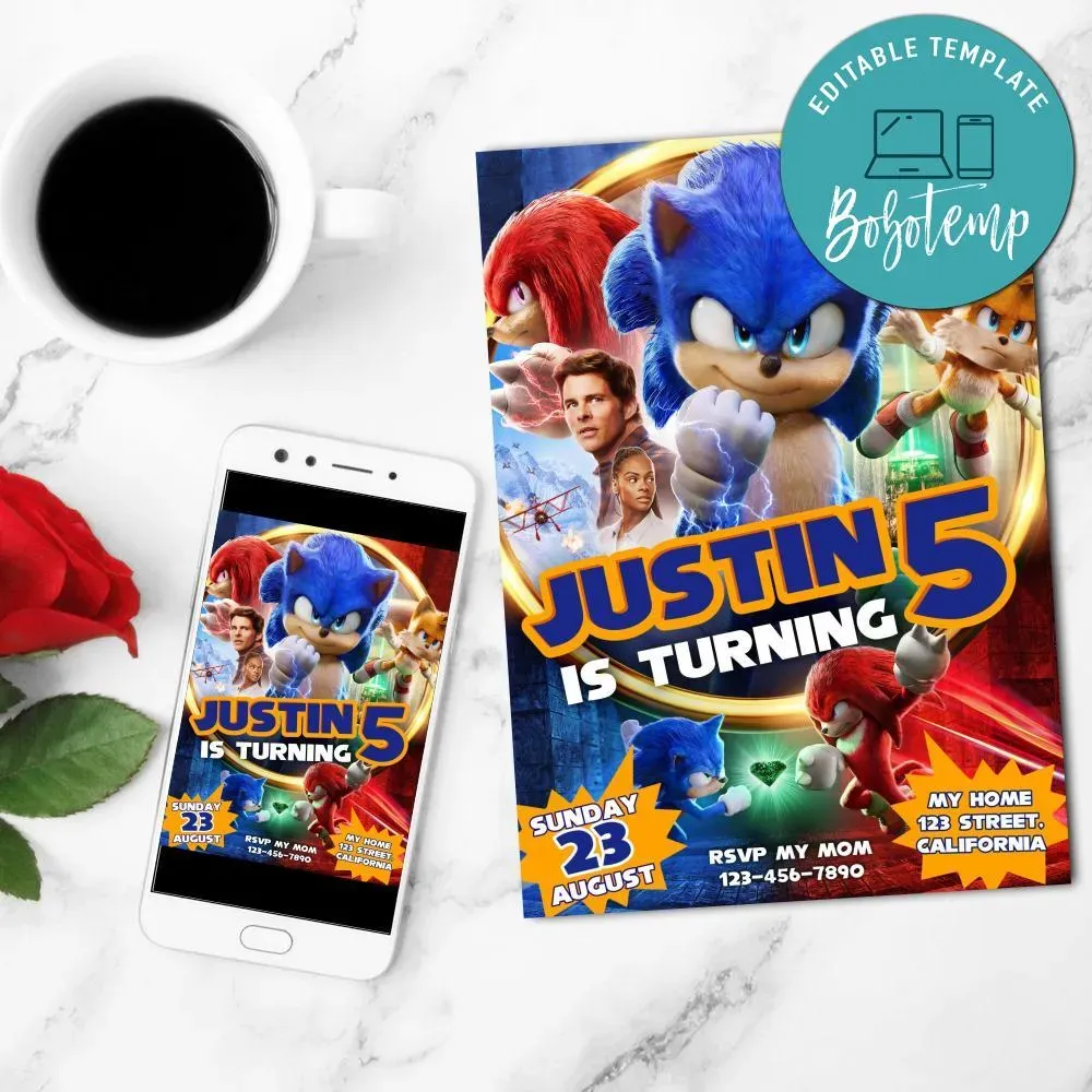 Sonic 2 Digital Birthday Flyer Customizable Template DIY | Bobotemp