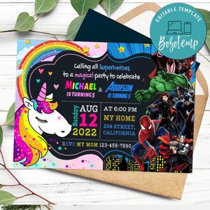 Superheroes and unicorn Birthday Invitation Customizable Template to Print at Home Instant Download
