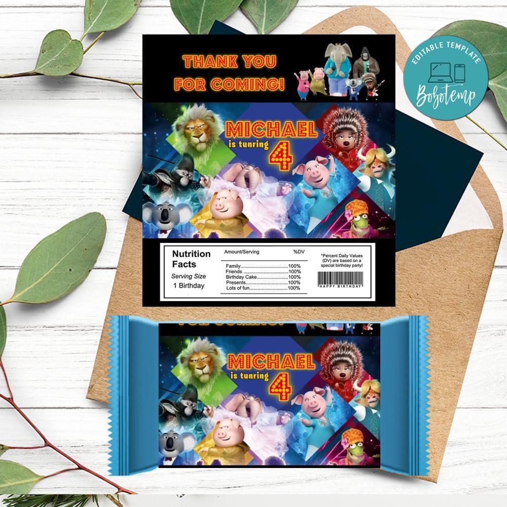 Sing 2 Candy bar Label Customizable Template DIY | Bobotemp