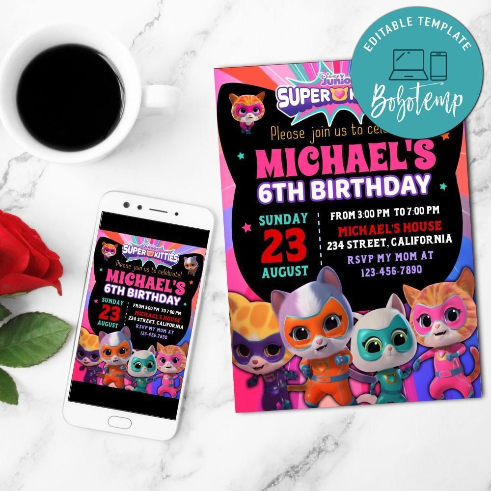Super Kitties Birthday Mobile Invite Customizable Template Instant Download