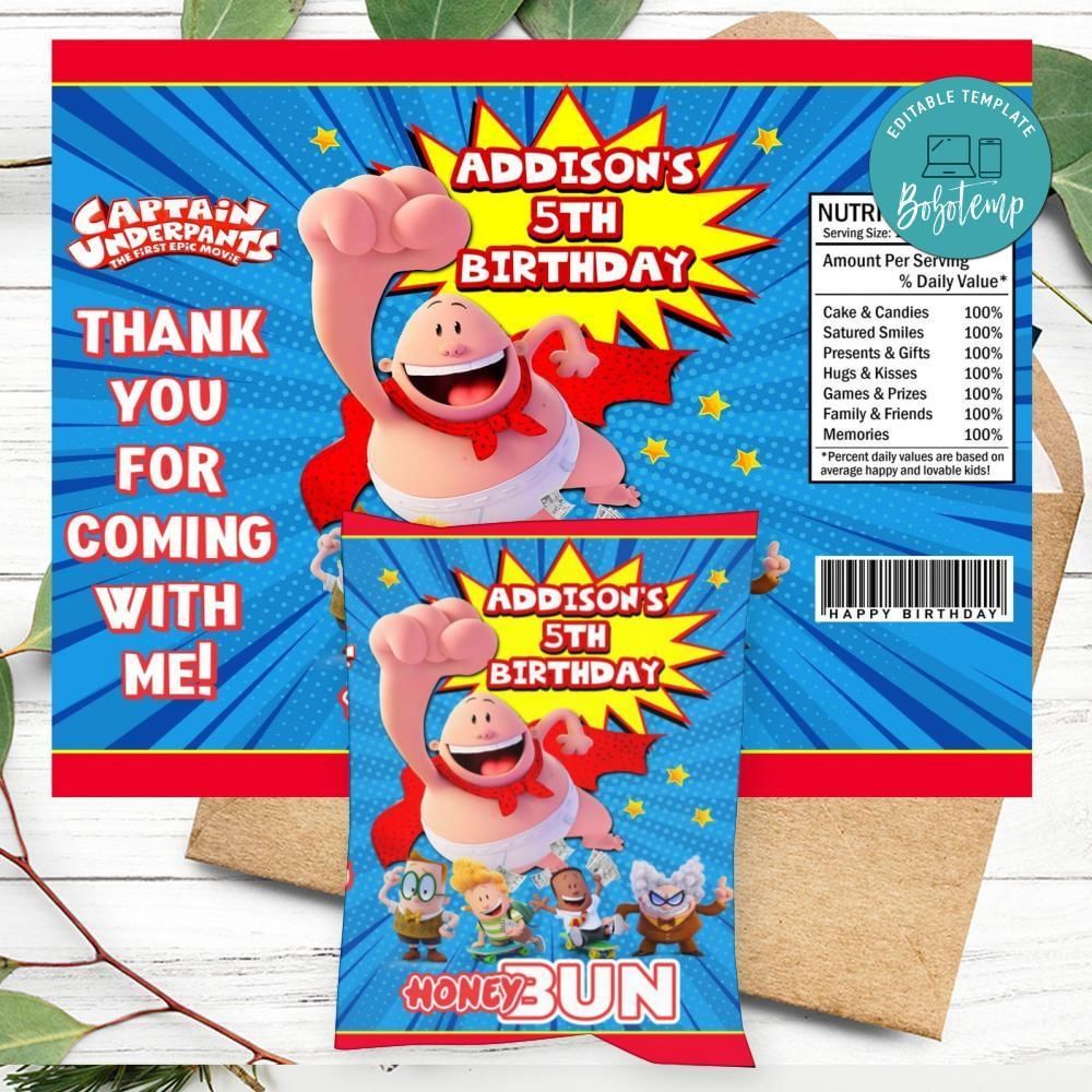 Captain Underpants Birthday Honey Buns Snack Bag Label Customizable Instant Download