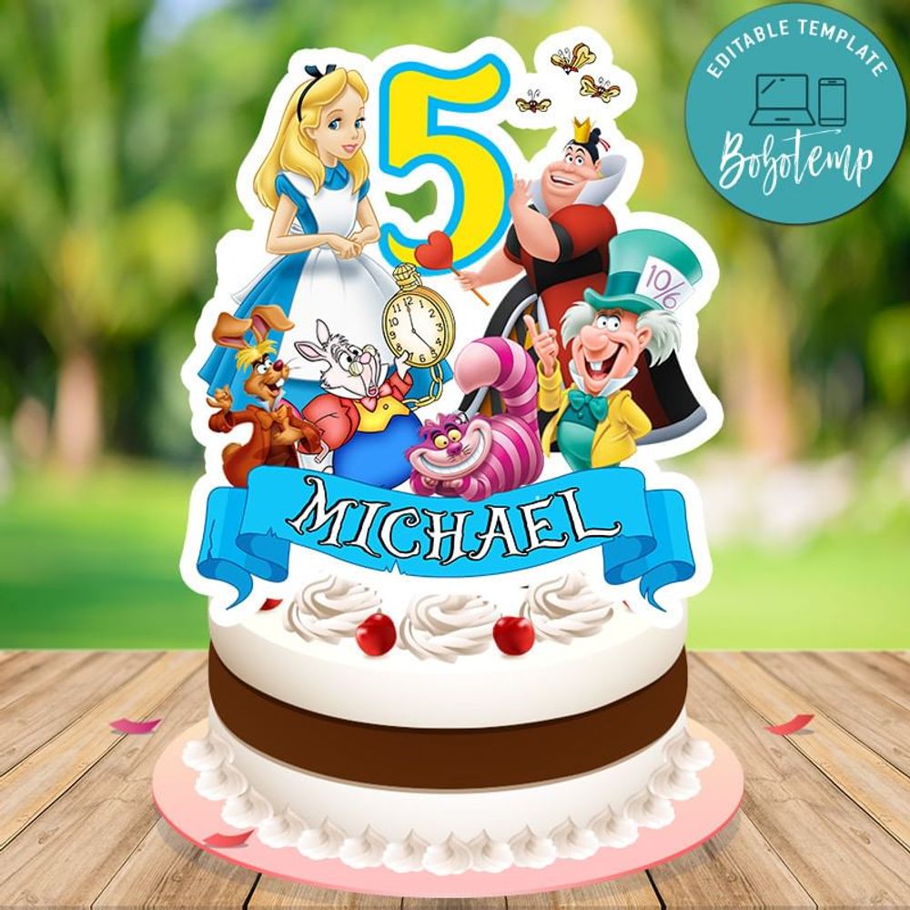 Alice in Wonderland Cake Topper Template Printable Instant Download