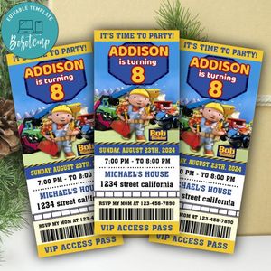 Bob The Builder Ticket Invitation Customizable Template Instant Download