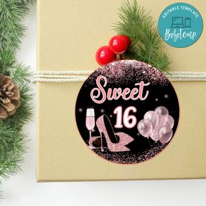 Sweet 16 Pink Circle Sticker Template Customizable To Print At Home Instant Download