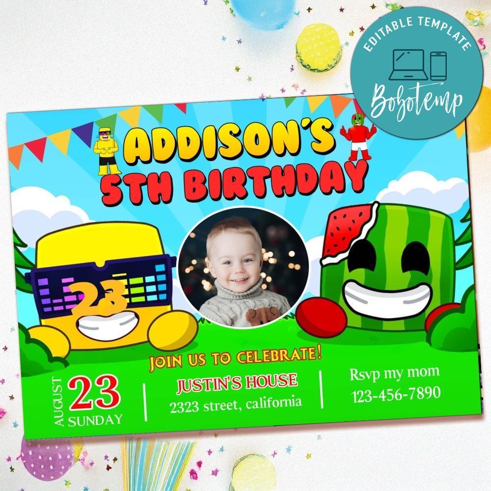 Sunny and melon Birthday Invitation with Photo Customizable Template to Print at Home Instant Download
