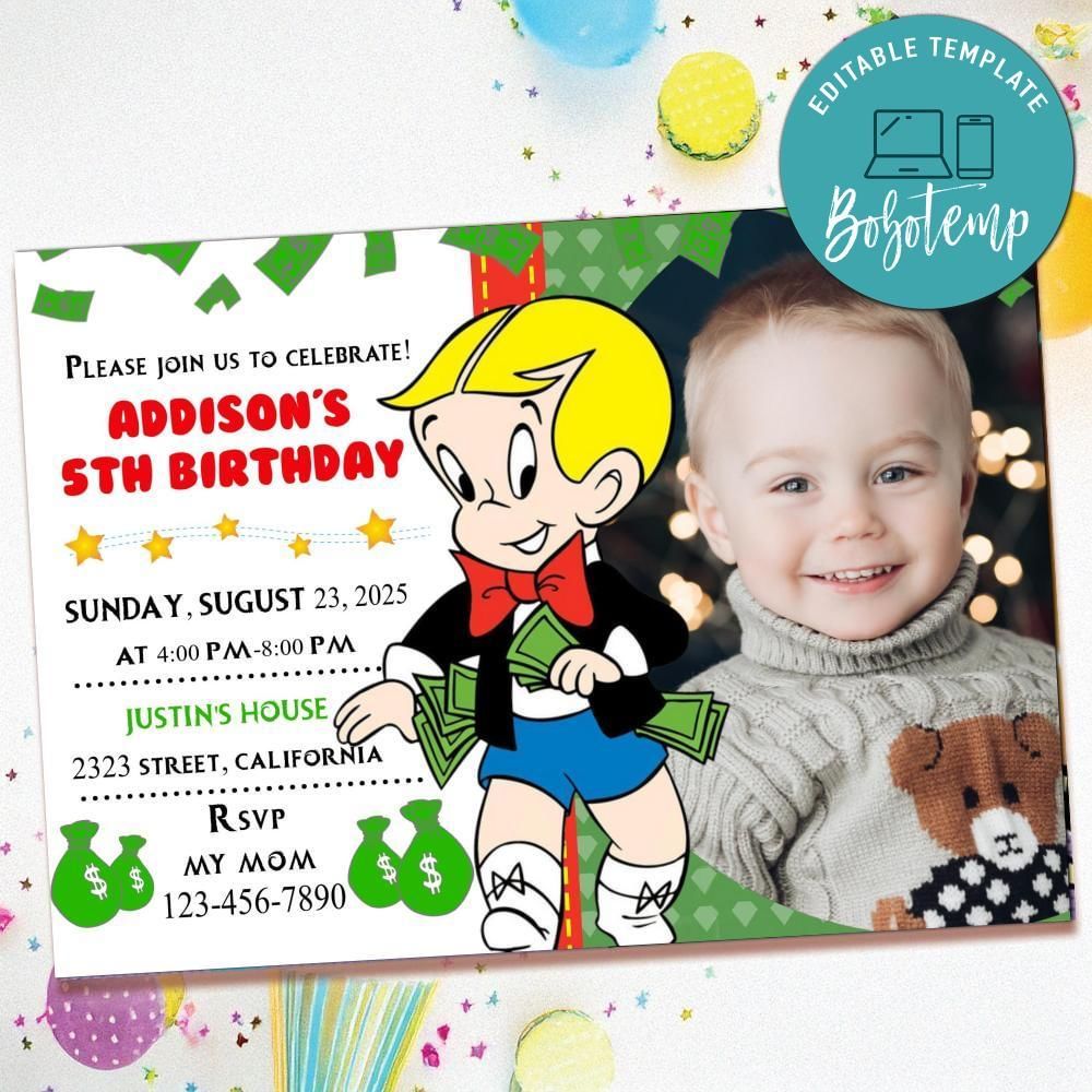 Richie rich Birthday Invitation with Photo Customizable Template to Print at Home Instant Download