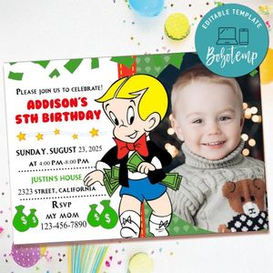Richie rich Birthday Invitation with Photo Customizable Template to Print at Home Instant Download